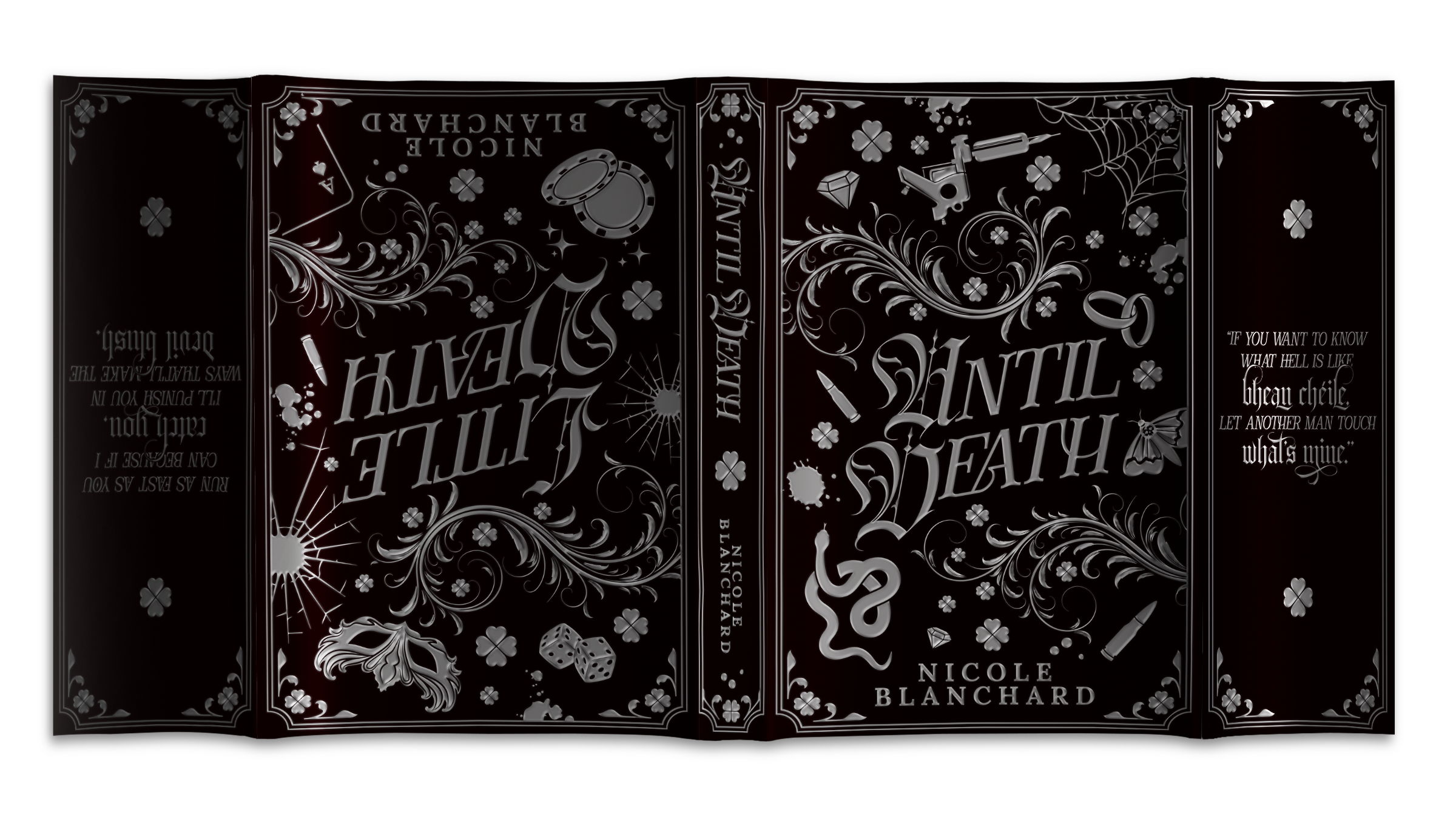Decorative book cover for Until Death by Nicole Blanchard with intricate designs and text on a black background