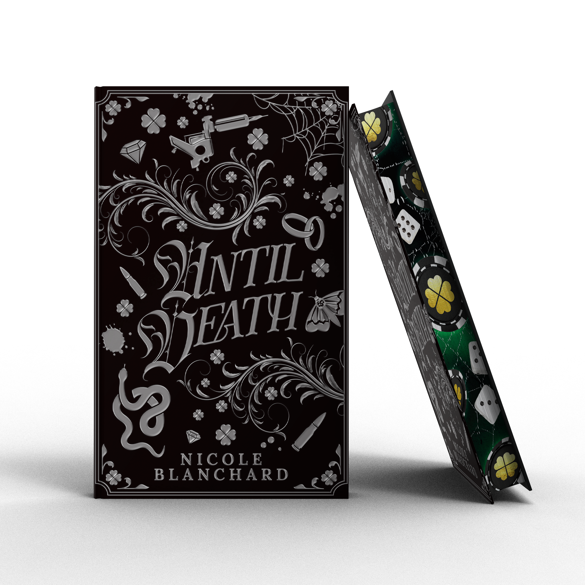 Black book with decorative cover and 'Until Death' text on a white background
