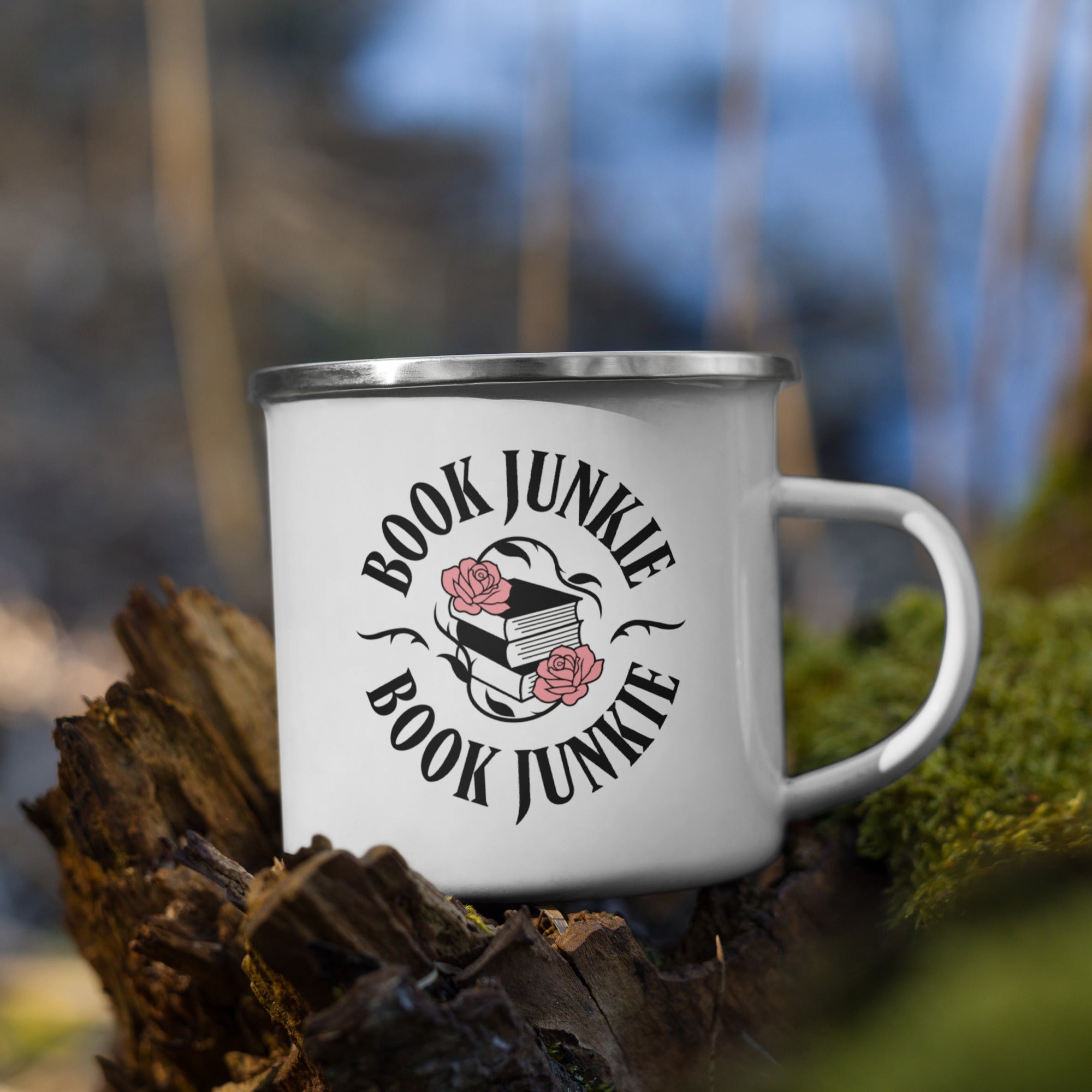 Book Junkie Enamel Camper Mug